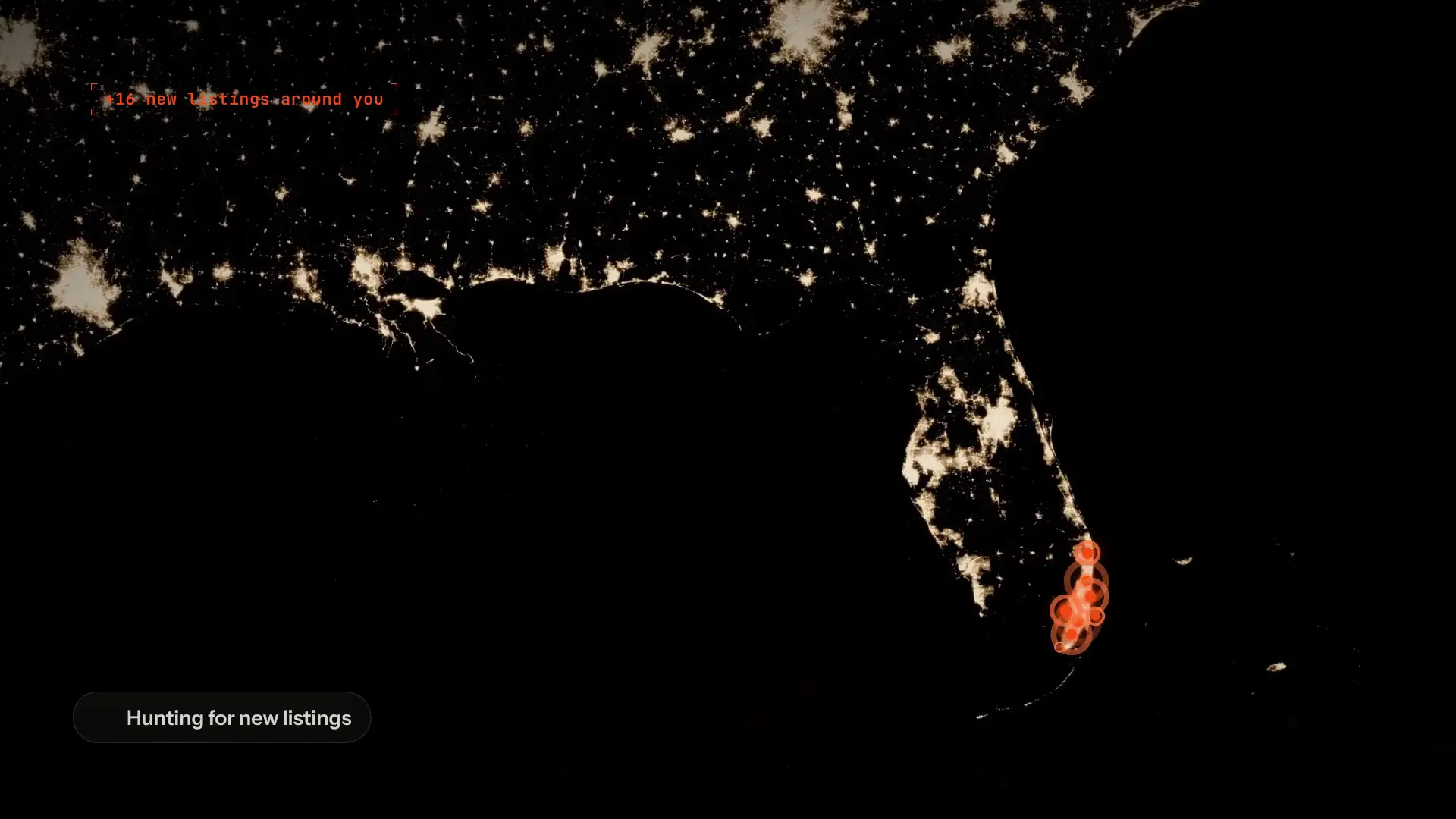 A map at night, with new listings lighting up in South Florida