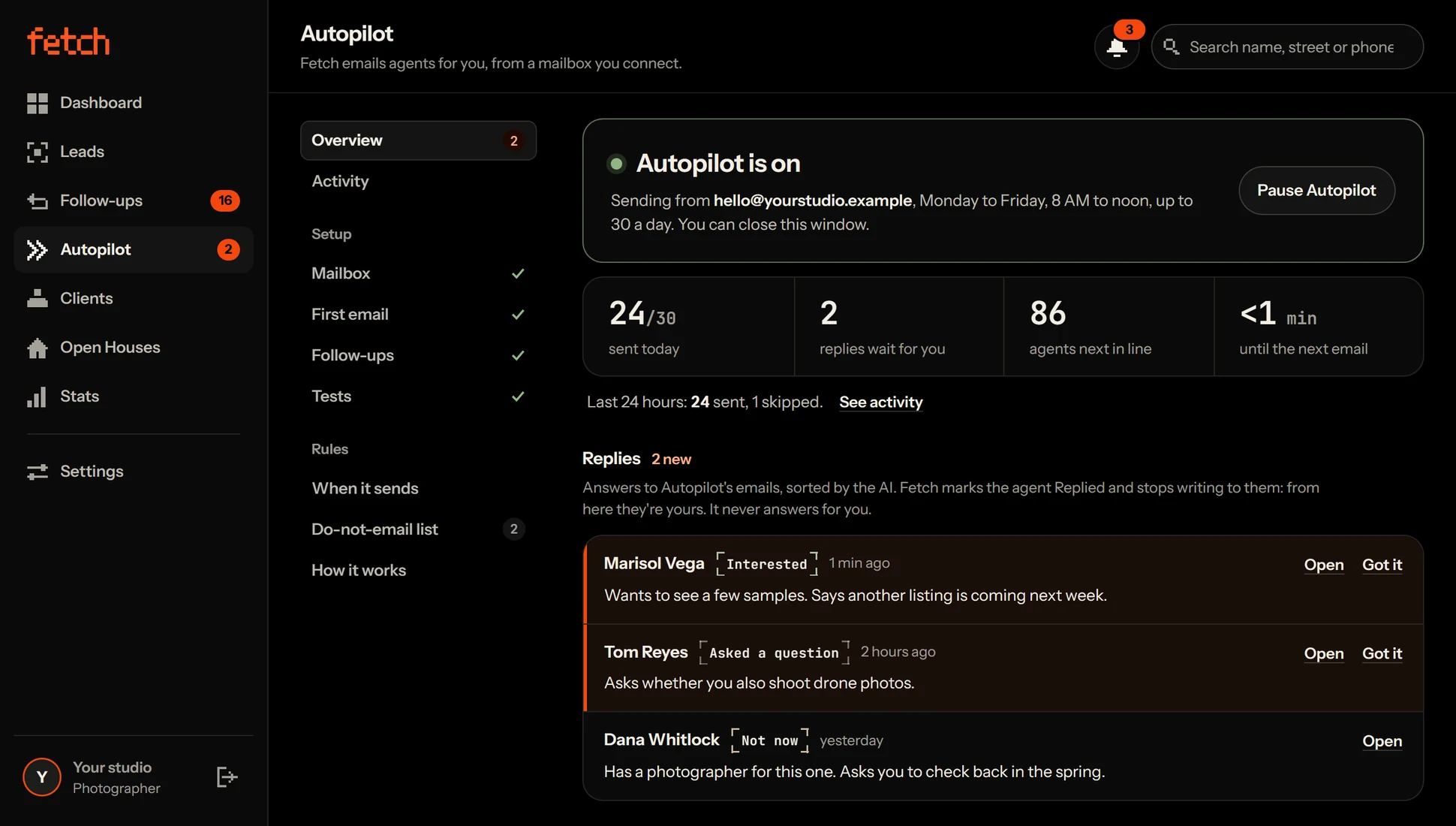 Autopilot in Fetch on an example account: it is on, 24 of 30 emails sent today, 86 agents next in line, and three answers from agents sorted as interested, asked a question and not now