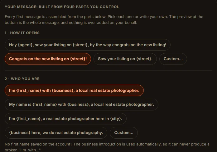 Settings: the message builder, with the opening line and the introduction picked from options you control