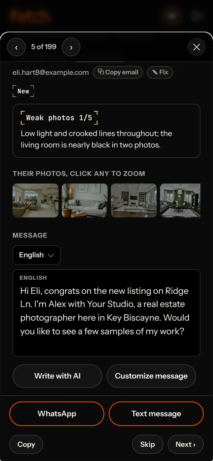 A lead in Fetch on a phone: the photos graded Weak 1 of 5 with the reason, the listing's photos, a message already written, and two buttons, WhatsApp and Text message