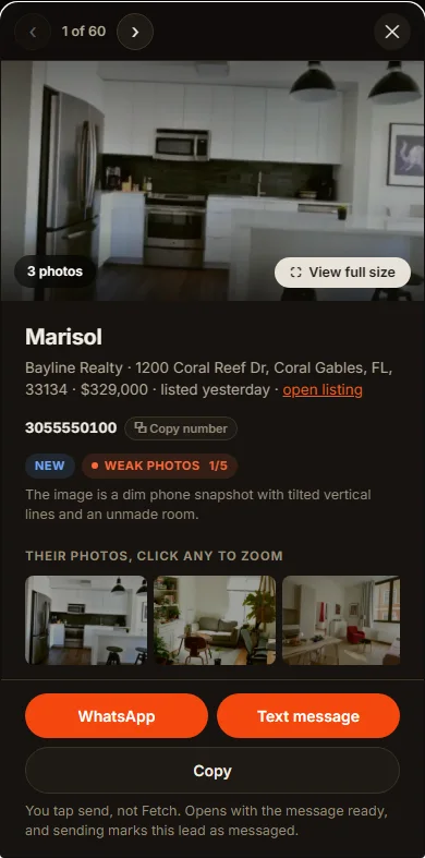 An example lead open in Fetch on a phone: the listing photos, why the photos are weak, and the WhatsApp and Text buttons