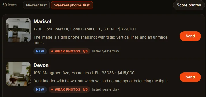 The Leads tab sorted Weakest photos first (example data): two listings graded 1 of 5, each with the AI's reason
